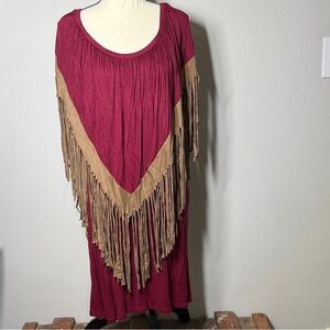 Fringe Detail Burgundy and Tan Dress